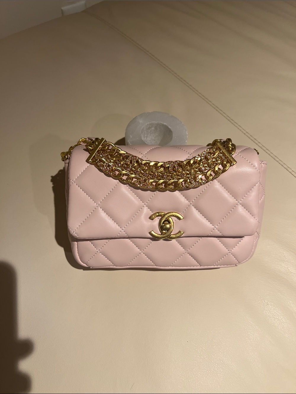 CHANEL Pink Quilted Mini Flap Bag with Gold & pink chain with pink rhinestones. - Picture 4 of 8